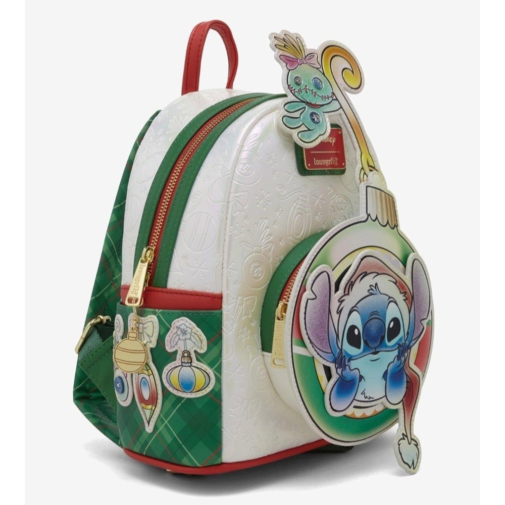 NEW 2025 LOUNGEFLY Disney Stitch And Scrump Iridescent Holiday Ornament Backpack